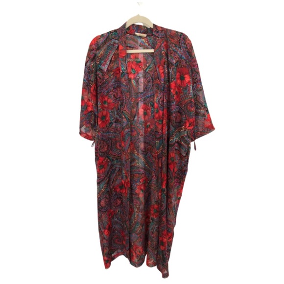 Vintage Red Sheer Floral Print Duster/Robe - Picture 4 of 8
